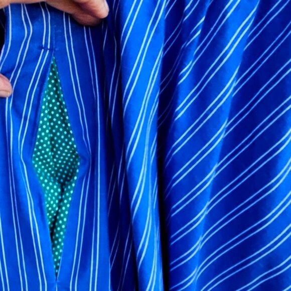 1980s Belle France Blue Stripe Cotton Midi Dress Puffy Sleeves Pockets Sz 6 - Picture 14 of 14